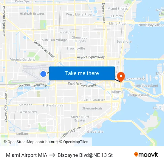 Miami Airport MIA to Biscayne Blvd@NE 13 St map