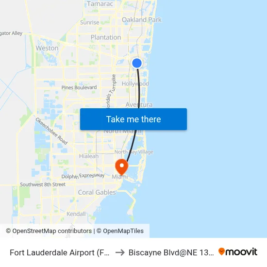 Fort Lauderdale Airport (FLL) to Biscayne Blvd@NE 13 St map