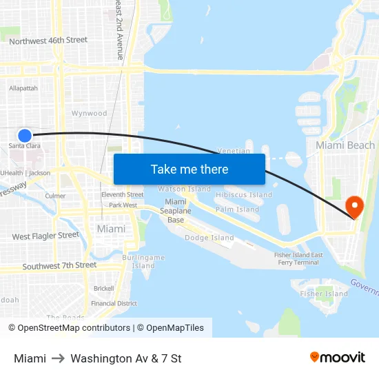 Miami to Washington Av & 7 St map