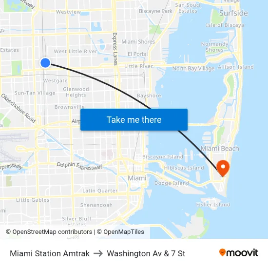 Miami Station Amtrak to Washington Av & 7 St map