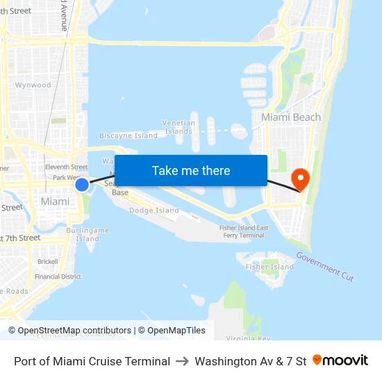Port of Miami Cruise Terminal to Washington Av & 7 St map