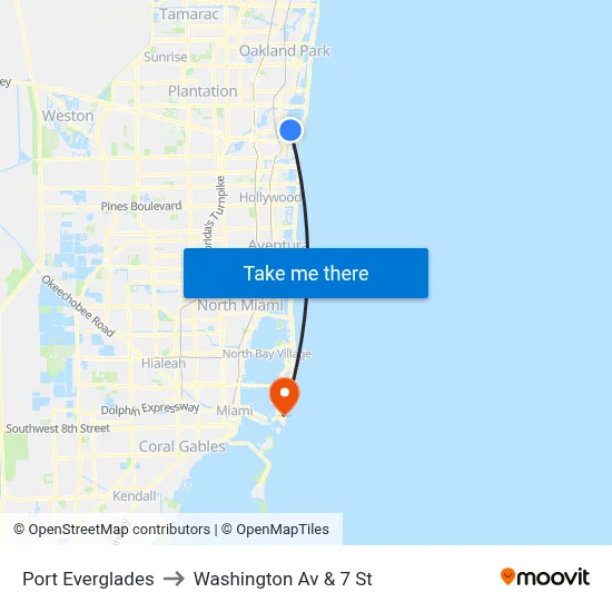 Port Everglades to Washington Av & 7 St map