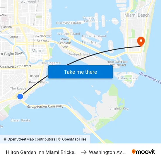 Hilton Garden Inn Miami Brickell South to Washington Av & 7 St map