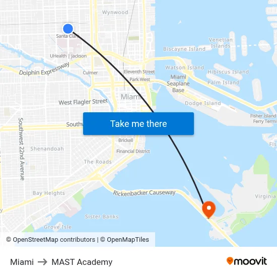 Miami to MAST Academy map