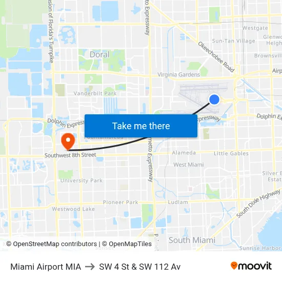 Miami Airport MIA to SW 4 St & SW 112 Av map