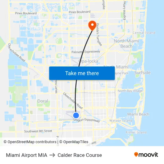 Miami Airport MIA to Calder Race Course map