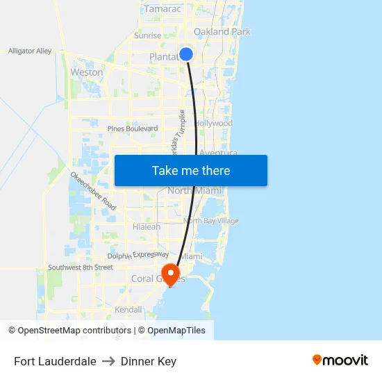 Fort Lauderdale to Dinner Key map