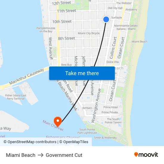 Miami Beach to Government Cut map