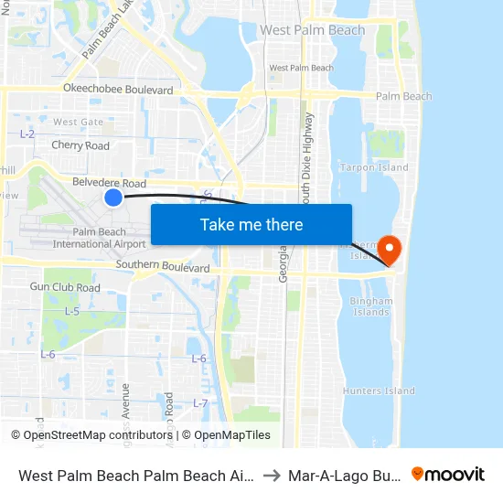 West Palm Beach Palm Beach Airport PBI to Mar-A-Lago Building map