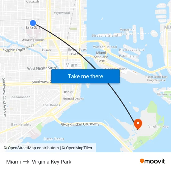 Miami to Virginia Key Park map