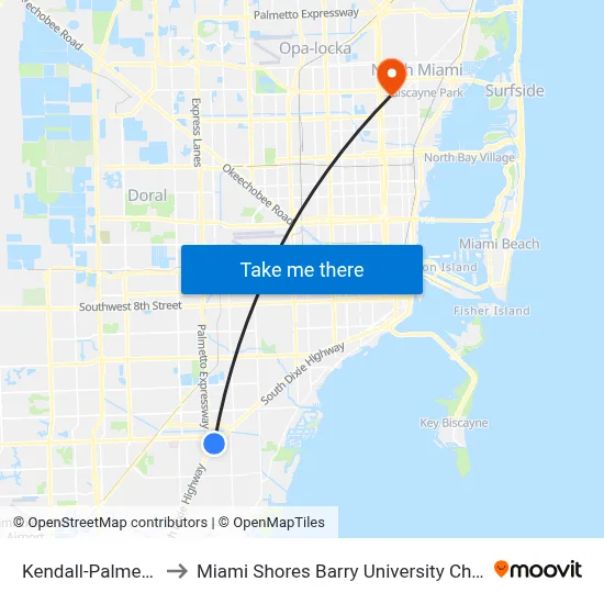 Kendall-Palmetto Bay to Miami Shores Barry University Charter School map
