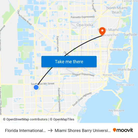 Florida International University-W to Miami Shores Barry University Charter School map