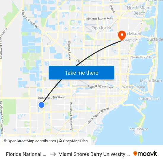 Florida National University to Miami Shores Barry University Charter School map