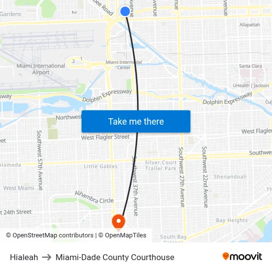 Hialeah to Miami-Dade County Courthouse map