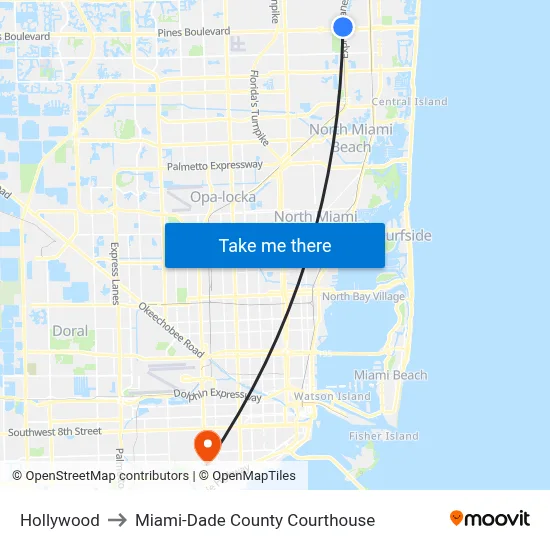 Hollywood to Miami-Dade County Courthouse map