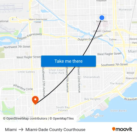 Miami to Miami-Dade County Courthouse map