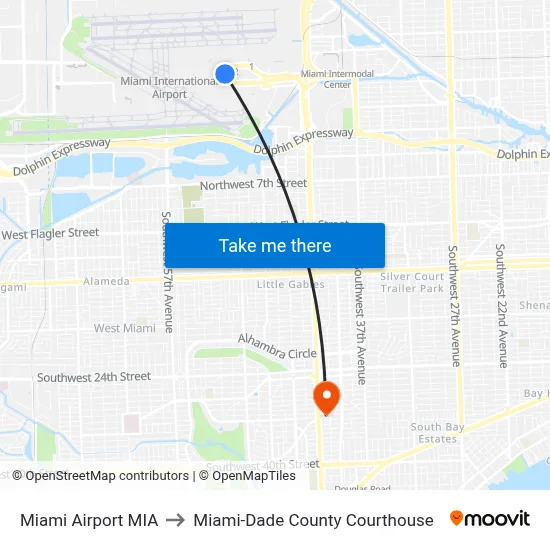 Miami Airport MIA to Miami-Dade County Courthouse map
