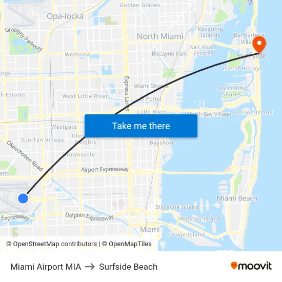 Miami Airport MIA to Surfside Beach map