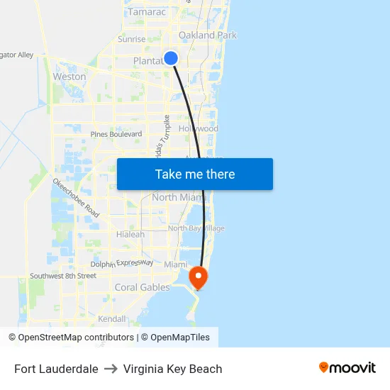 Fort Lauderdale to Virginia Key Beach map