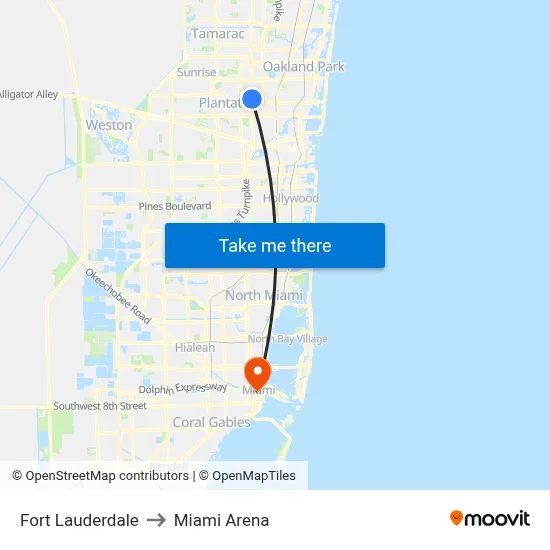 Fort Lauderdale to Miami Arena map