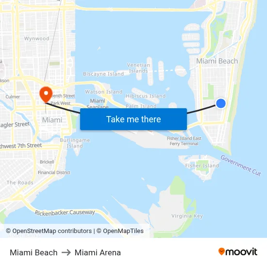 Miami Beach to Miami Arena map