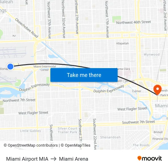 Miami Airport MIA to Miami Arena map
