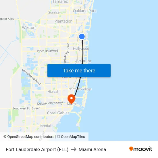 Fort Lauderdale Airport (FLL) to Miami Arena map