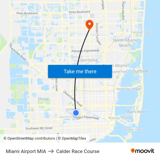 Miami Airport MIA to Calder Race Course map