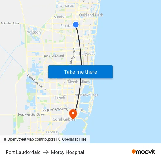 Fort Lauderdale to Mercy Hospital map