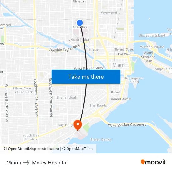 Miami to Mercy Hospital map