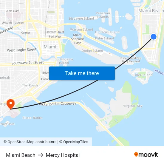 Miami Beach to Mercy Hospital map