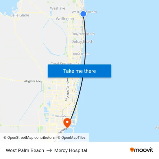 West Palm Beach to Mercy Hospital map