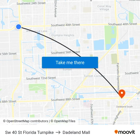 Sw 40 St Florida Turnpike to Dadeland Mall map