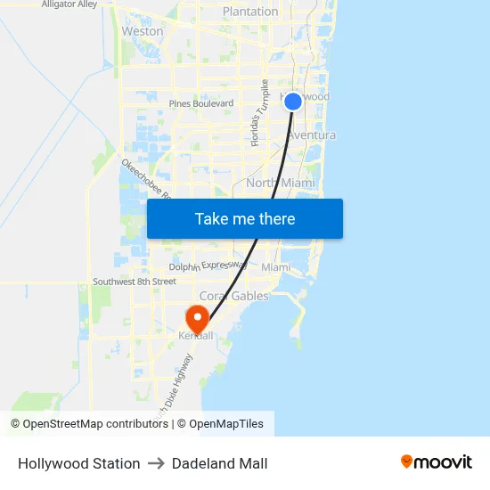 Hollywood Station to Dadeland Mall map