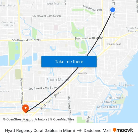 Hyatt Regency Coral Gables in Miami to Dadeland Mall map