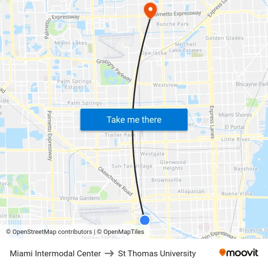 Miami Intermodal Center to St Thomas University map