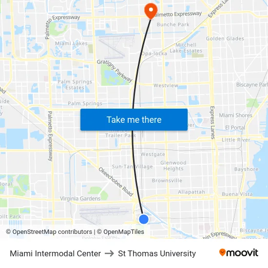 Miami Intermodal Center to St Thomas University map