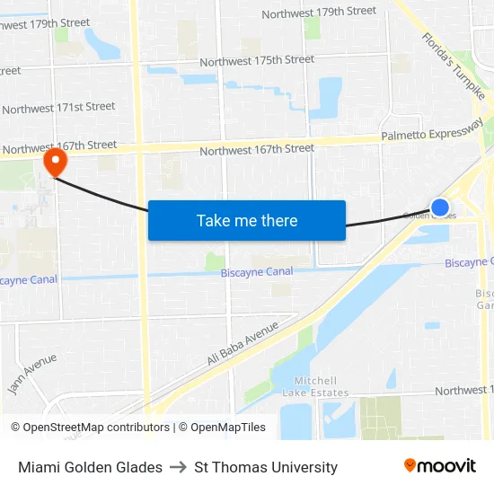 Miami Golden Glades to St Thomas University map