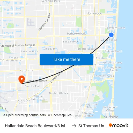 Hallandale Beach Boulevard/3 Islands Boulevard to St Thomas University map