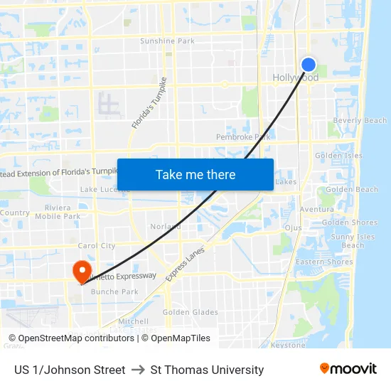 US 1/Johnson Street to St Thomas University map