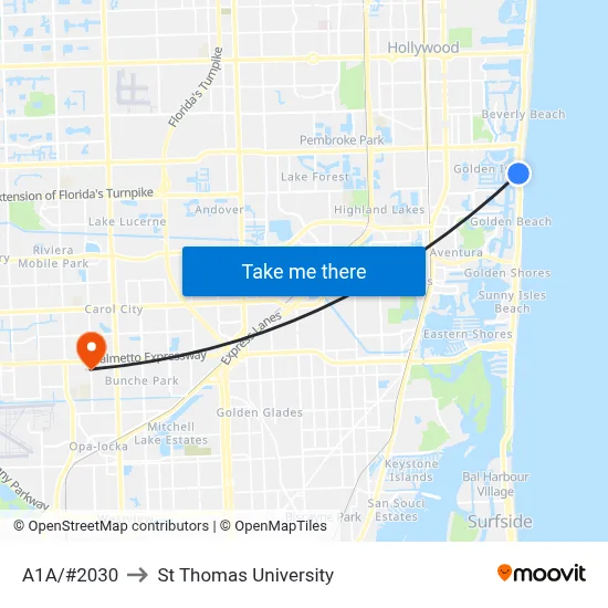 A1A/#2030 to St Thomas University map