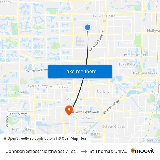 Johnson Street/Northwest 71st Avenue to St Thomas University map