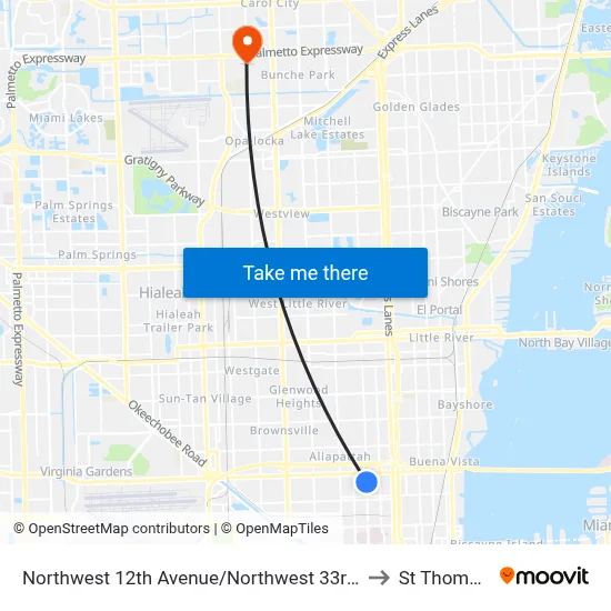 Northwest 12th Avenue/Northwest 33rd Street - (Allapattah Metrorail Station) to St Thomas University map