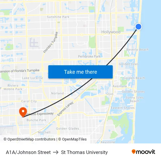 A1A/Johnson Street to St Thomas University map