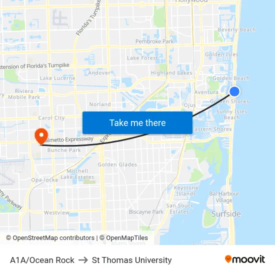 A1A/Ocean Rock to St Thomas University map