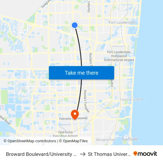 Broward Boulevard/University Drive to St Thomas University map