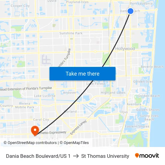Dania Beach Boulevard/US 1 to St Thomas University map