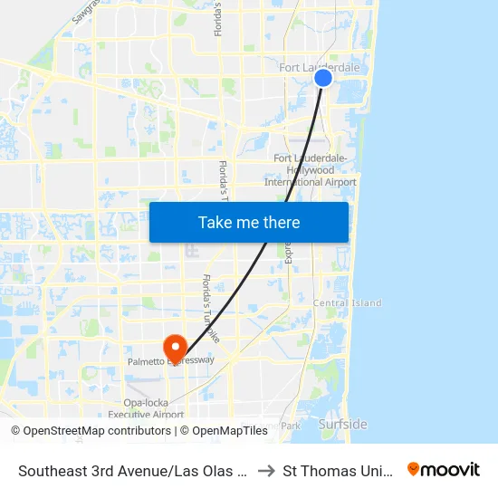 Southeast 3rd Avenue/Las Olas Boulevard to St Thomas University map