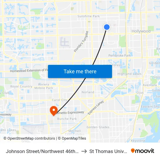 Johnson Street/Northwest 46th Avenue to St Thomas University map