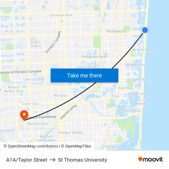 A1A/Taylor Street to St Thomas University map